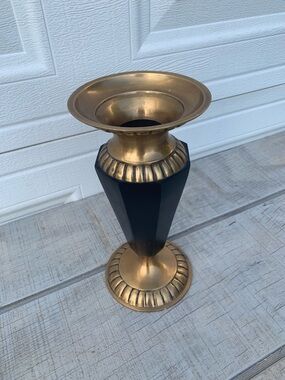 Vintage Solid Brass & Black Trumpet Vase Fluted Rim Base MCM Art Deco Style 10”